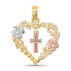 Thumbnail Image 1 of Floral Heart Necklace Charm with Cross Dangle in Solid 14K Tri-Tone Gold