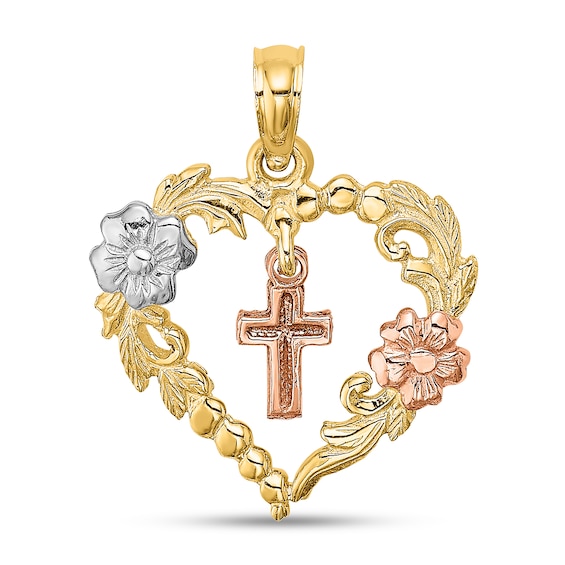 Floral Heart Necklace Charm with Cross Dangle in Solid 14K Tri-Tone Gold