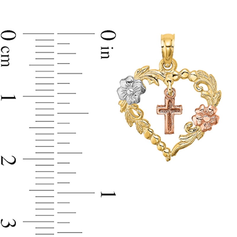 Main Image 2 of Floral Heart Necklace Charm with Cross Dangle in Solid 14K Tri-Tone Gold