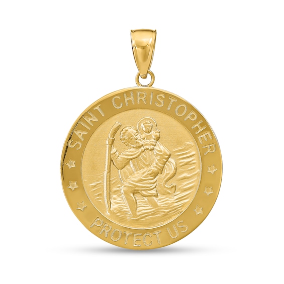 Saint Christopher Protect Us Medal Necklace Charm in Solid 14K Gold