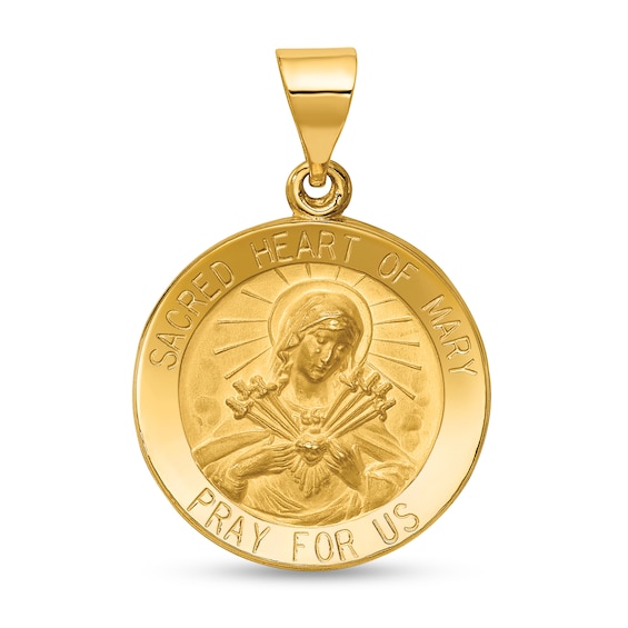 Sacred Heart of Mary Pray for Us Medal Necklace Charm in Hollow 14K Gold
