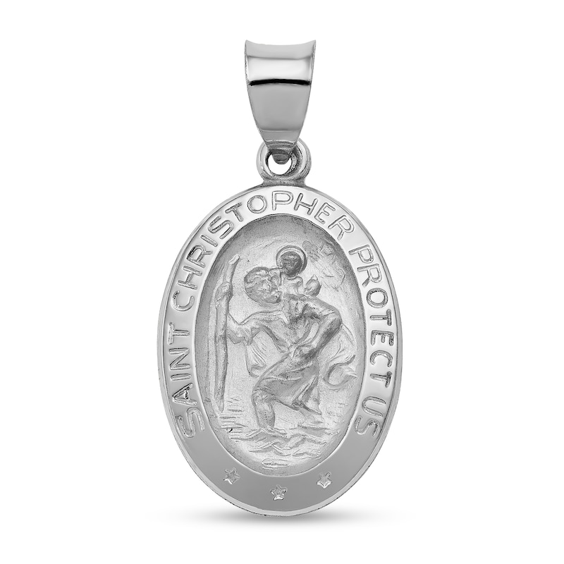 Main Image 1 of Saint Christopher Protect Us Oval Medal Necklace Charm in Hollow 14K White Gold