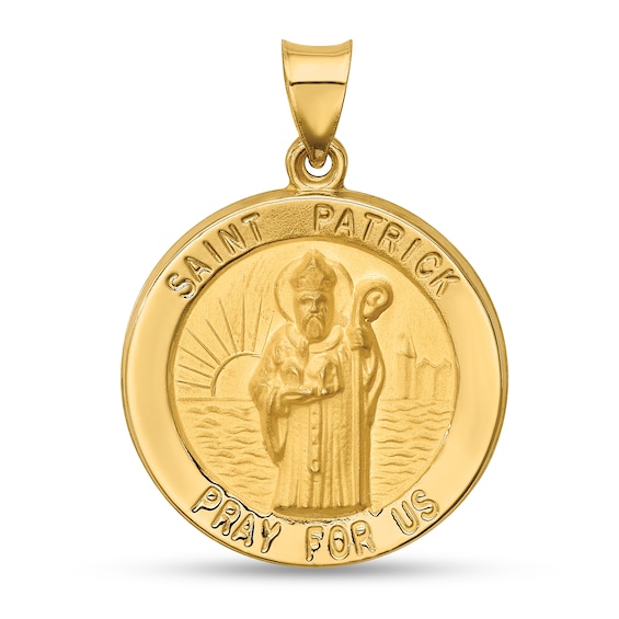 Saint Patrick Pray for Us Medal Necklace Charm in Hollow 14K Gold