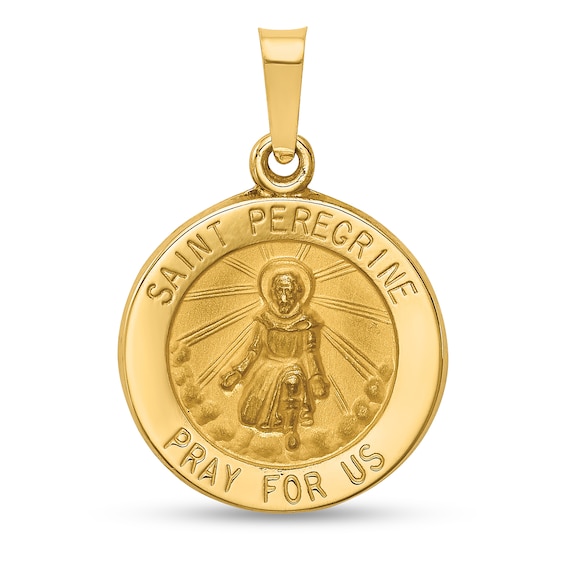 Saint Peregrine Pray for Us Medal Necklace Charm in Hollow 14K Gold