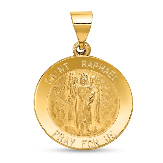Saint Raphael Pray for Us Medal Necklace Charm in Hollow 14K Gold