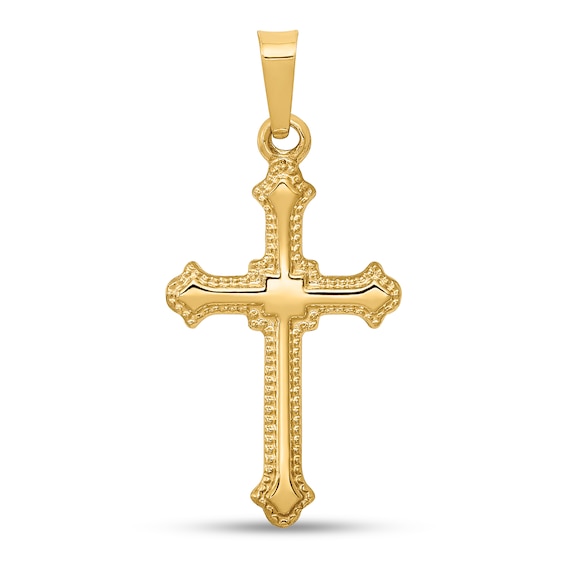 Vintage-Style Fleur-de-Lis Cross Necklace Charm in Hollow 14K Gold