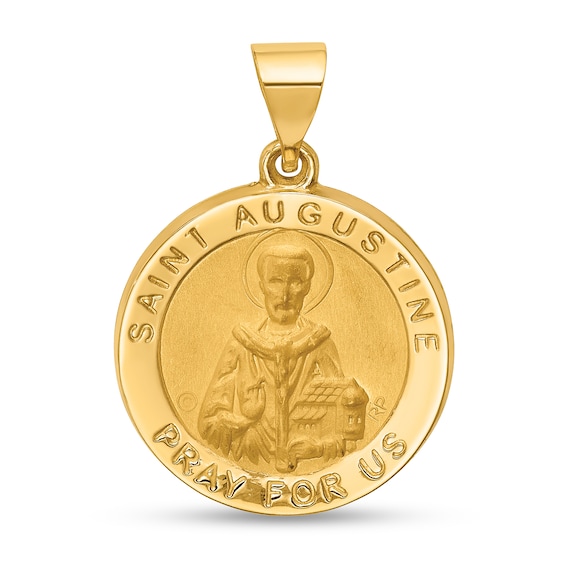 Saint Augustine Pray for Us Medal Necklace Charm in Hollow 14K Gold
