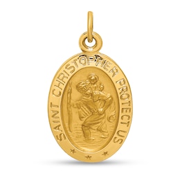 Saint Christopher Protect Us Oval Medal Charm in Solid 14K Gold