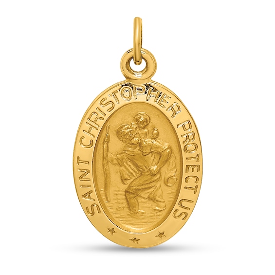 Saint Christopher Protect Us Oval Medal Charm in Solid 14K Gold