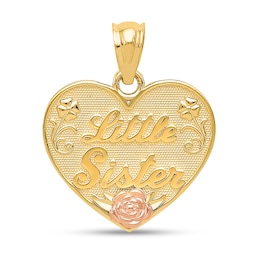 “Little Sister” Heart Necklace Charm in Solid 14K Two-Tone Gold