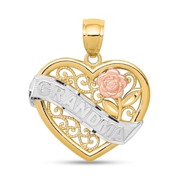 “Grandma” Ribbon Heart Necklace Charm in Solid 14K Tri-Tone Gold