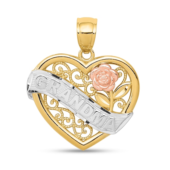âGrandmaâ Ribbon Heart Necklace Charm in Solid 14K Tri-Tone Gold