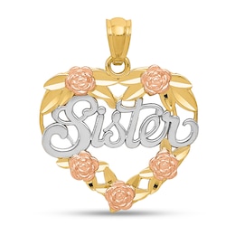 Diamond-Cut Floral Heart “Sister” Necklace Charm in Solid 14K Tri-Tone Gold