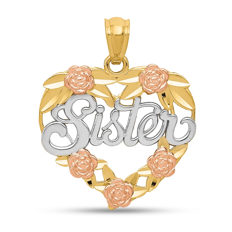 Main Image 1 of Diamond-Cut Floral Heart “Sister” Necklace Charm in Solid 14K Tri-Tone Gold