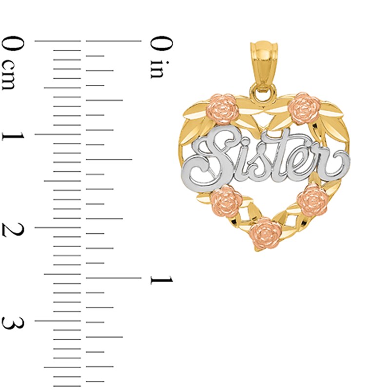 Main Image 2 of Diamond-Cut Floral Heart “Sister” Necklace Charm in Solid 14K Tri-Tone Gold