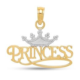 "Princess" with Crown Necklace Charm in Solid 14K Two-Tone Gold