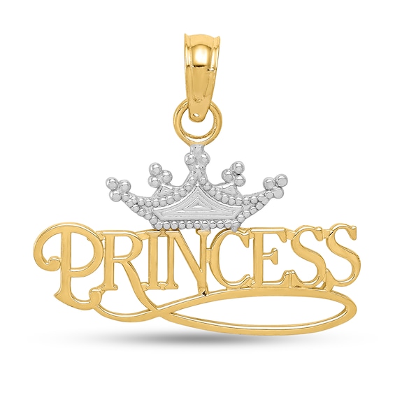 "Princess" with Crown Necklace Charm in Solid 14K Two-Tone Gold
