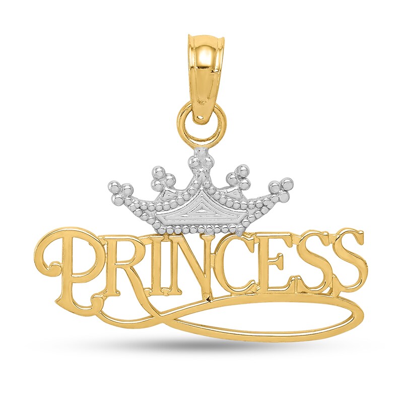 Main Image 1 of "Princess" with Crown Necklace Charm in Solid 14K Two-Tone Gold