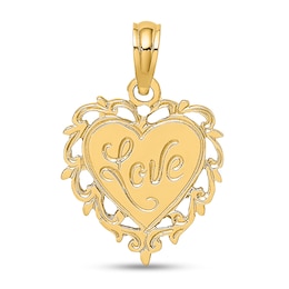 “Love” Filigree Heart Necklace Charm in Solid 14K Gold