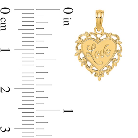 âLoveâ Filigree Heart Necklace Charm in Solid 14K Gold
