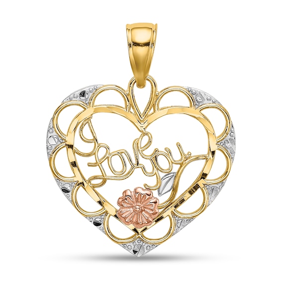 âI Love Youâ Ornate Heart Necklace Charm in Solid 14K Tri-Tone Gold