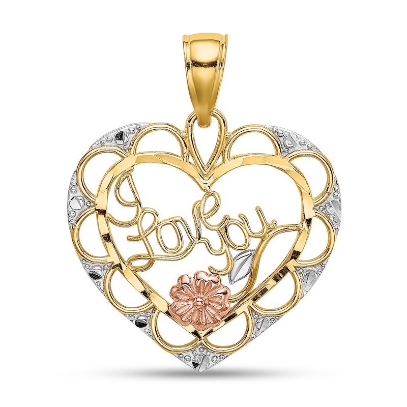 Main Image 1 of “I Love You” Ornate Heart Necklace Charm in Solid 14K Tri-Tone Gold