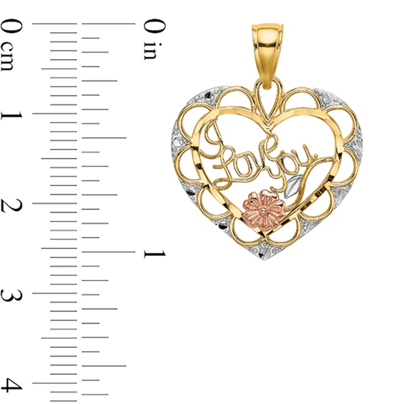 Main Image 2 of “I Love You” Ornate Heart Necklace Charm in Solid 14K Tri-Tone Gold