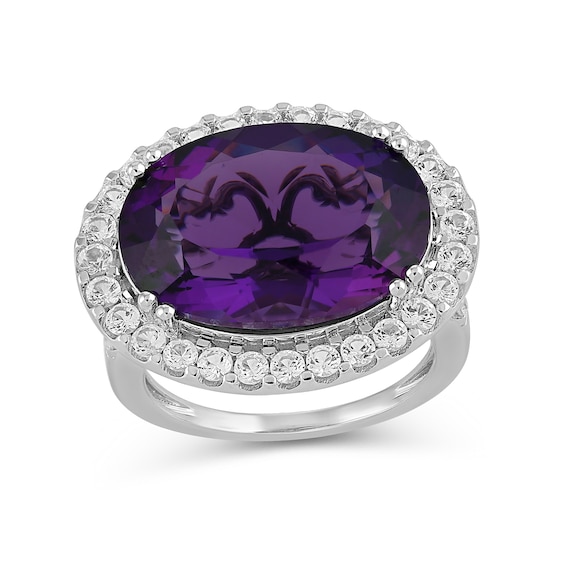 Oval Lab-Created Amethyst and White Lab-Created Sapphire Frame Sideways Ring in Sterling Silver