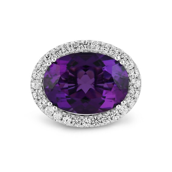 Oval Lab-Created Amethyst and White Lab-Created Sapphire Frame Sideways Ring in Sterling Silver