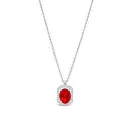 Oval Lab-Created Ruby and 1/10 CT. T.W. Diamond Open Octagon Frame Pendant in 10K White Gold