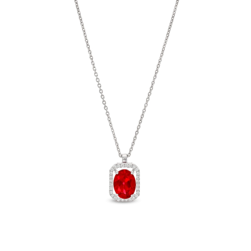 Main Image 1 of Oval Lab-Created Ruby and 1/10 CT. T.W. Diamond Open Octagon Frame Pendant in 10K White Gold