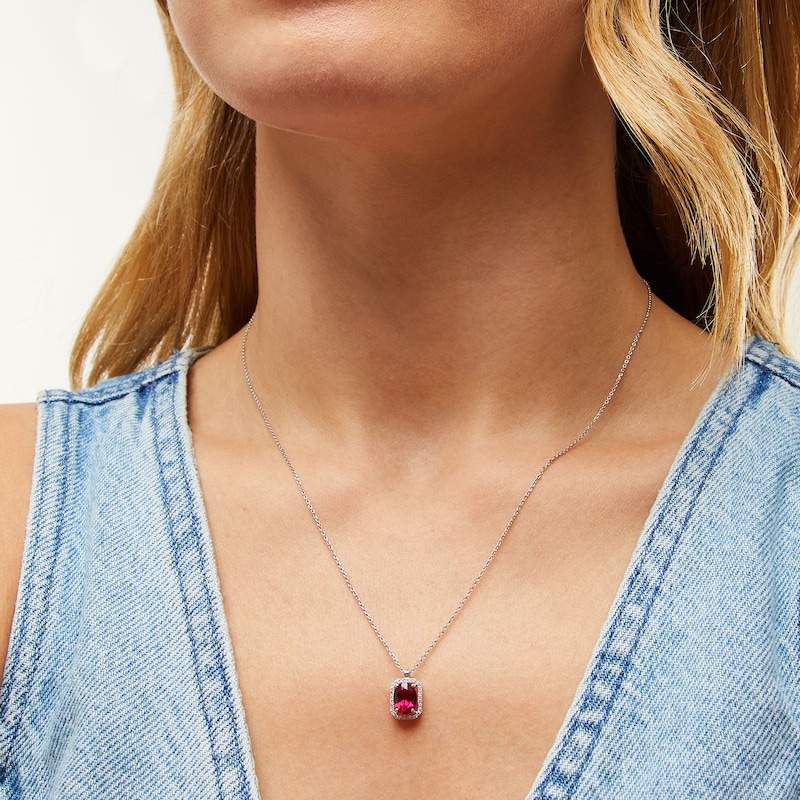 Main Image 2 of Oval Lab-Created Ruby and 1/10 CT. T.W. Diamond Open Octagon Frame Pendant in 10K White Gold
