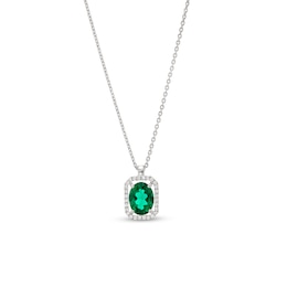 Oval Lab-Created Emerald and 1/10 CT. T.W. Diamond Open Octagon Frame Pendant in 10K White Gold