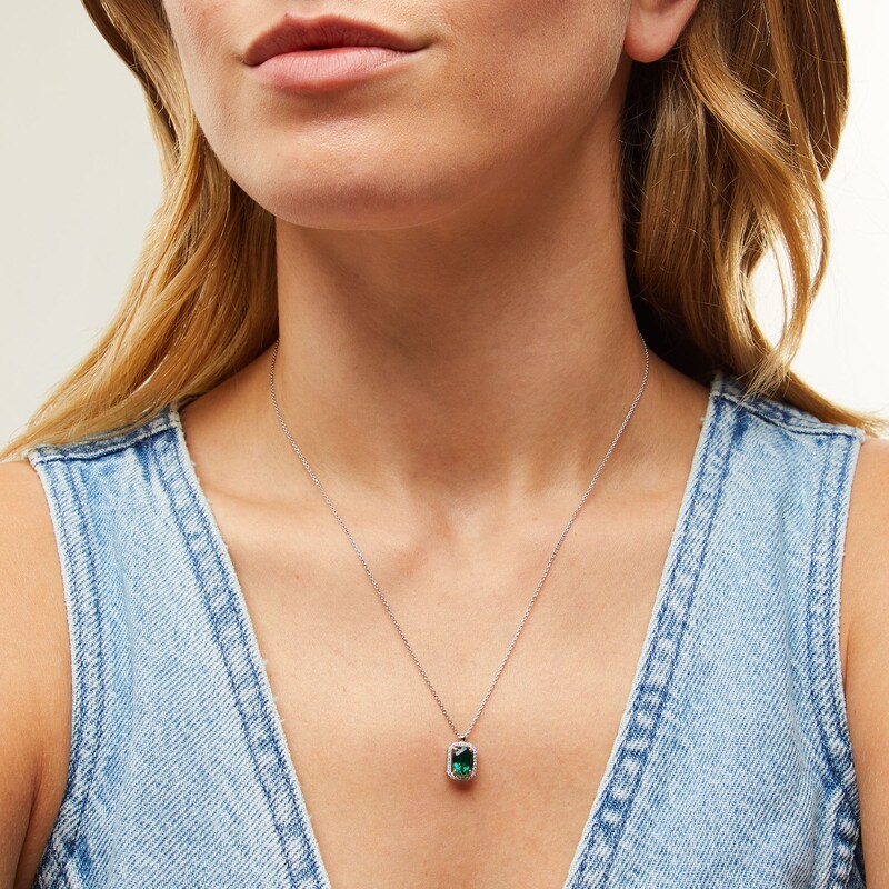 Main Image 2 of Oval Lab-Created Emerald and 1/10 CT. T.W. Diamond Open Octagon Frame Pendant in 10K White Gold