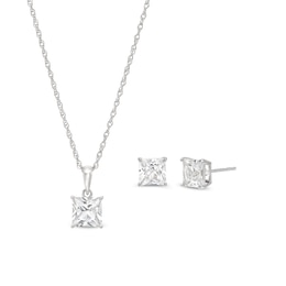 Princess-Cut White Lab-Created Sapphire Solitaire Pendant and Stud Earrings Set in Sterling Silver