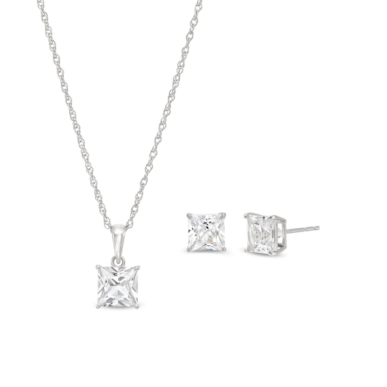 Princess-Cut White Lab-Created Sapphire Solitaire Pendant and Stud Earrings Set in Sterling Silver