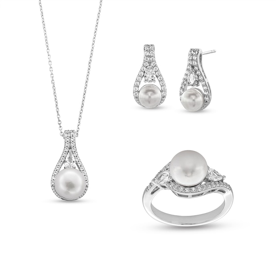 Freshwater Cultured Pearl and White Lab-Created Sapphire Frame Drop Pendant, Earrings and Ring Set in Sterling Silver