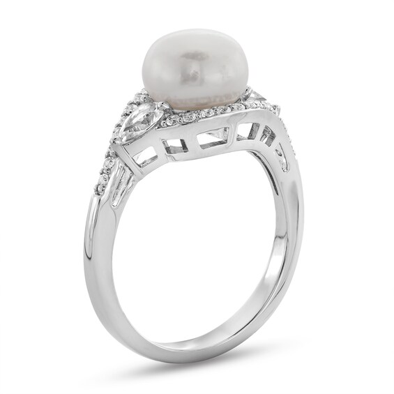 Freshwater Cultured Pearl and White Lab-Created Sapphire Frame Drop Pendant, Earrings and Ring Set in Sterling Silver