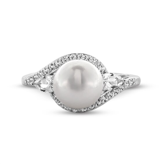 Freshwater Cultured Pearl and White Lab-Created Sapphire Frame Drop Pendant, Earrings and Ring Set in Sterling Silver