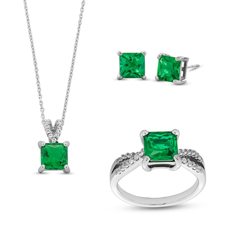 Main Image 1 of Princess-Cut Lab-Created Emerald and White Lab-Created Sapphire Pendant, Stud Earrings and Ring Set in Sterling Silver