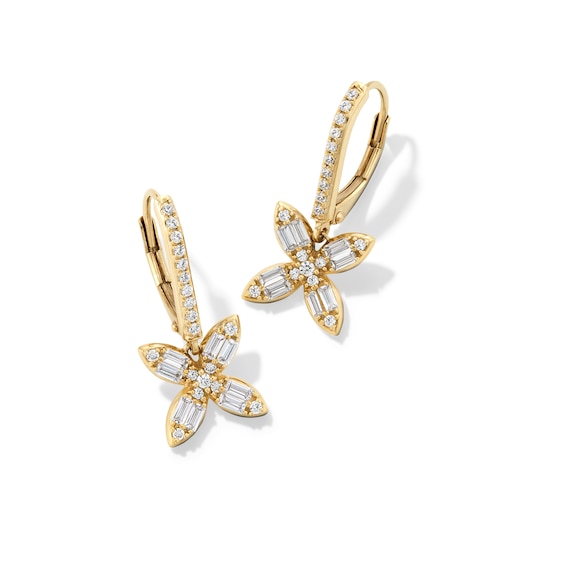 5/8 CT. T.w. Baguette and Round Diamond Flower Dangle Earrings in 10K Gold