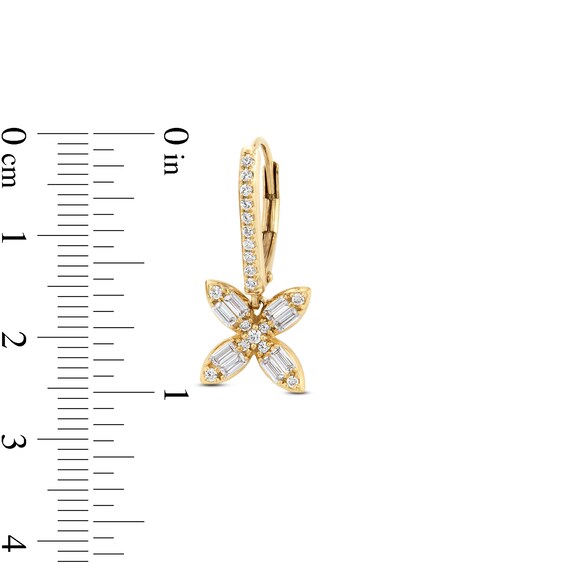 5/8 CT. T.w. Baguette and Round Diamond Flower Dangle Earrings in 10K Gold