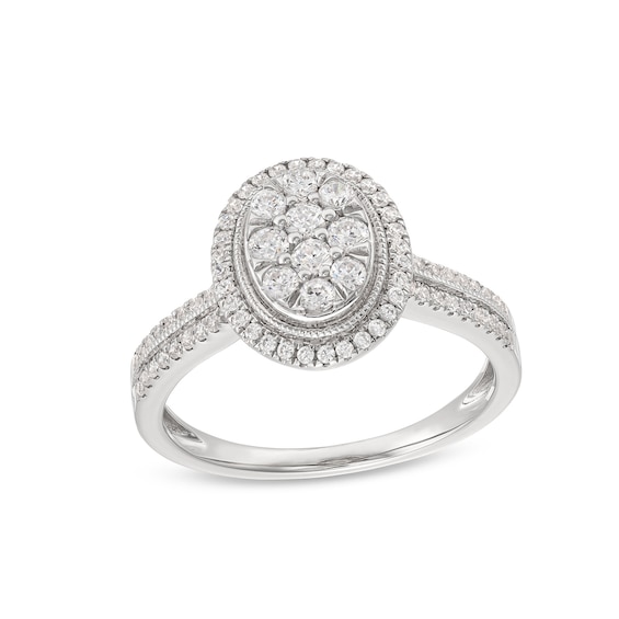 1/2 CT. T.w. Oval Multi-Diamond Frame Double Row Vintage-Style Engagement Ring in 10K White Gold