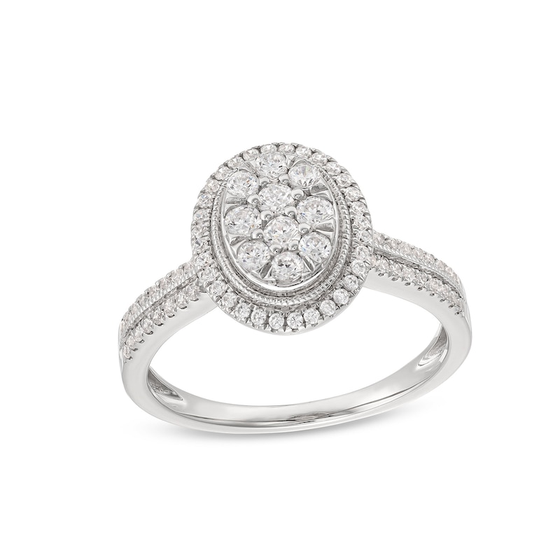 Main Image 1 of 1/2 CT. T.W. Oval Multi-Diamond Frame Double Row Vintage-Style Engagement Ring in 10K White Gold