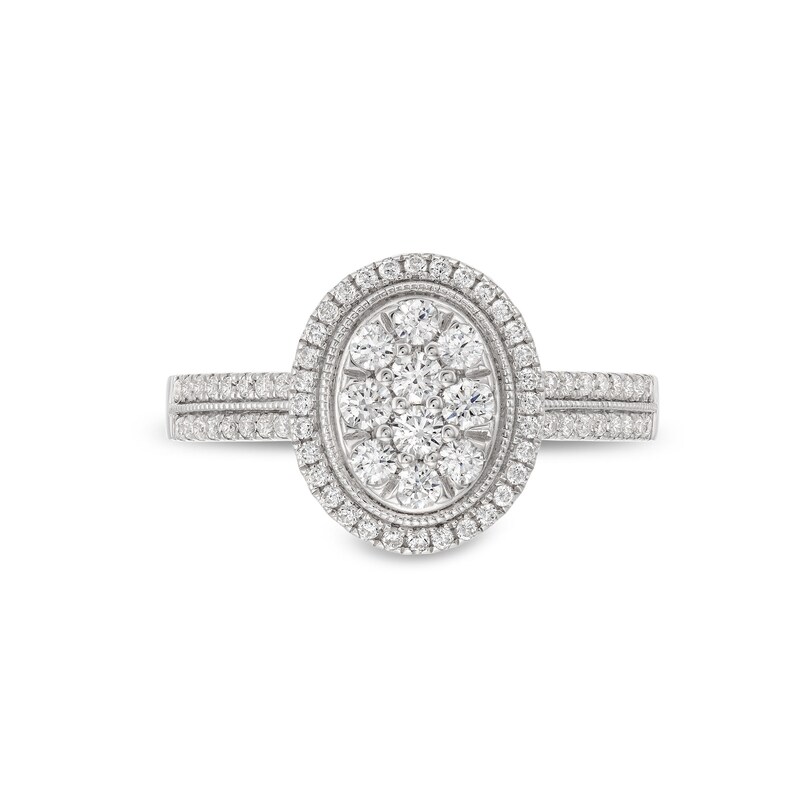 Main Image 2 of 1/2 CT. T.W. Oval Multi-Diamond Frame Double Row Vintage-Style Engagement Ring in 10K White Gold