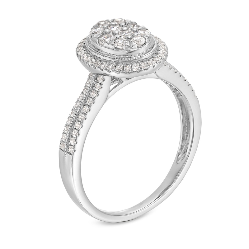 Main Image 3 of 1/2 CT. T.W. Oval Multi-Diamond Frame Double Row Vintage-Style Engagement Ring in 10K White Gold