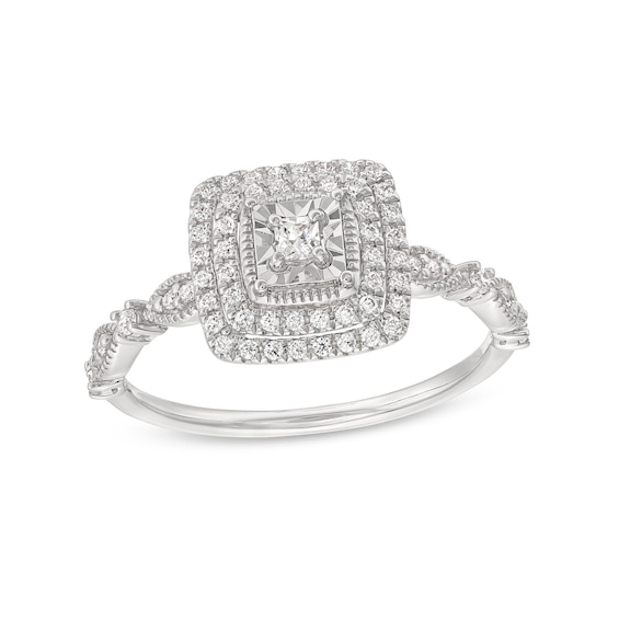 1/4 CT. T.w. Princess-Cut Diamond Double Cushion Frame Vintage-Style Engagement Ring in 10K White Gold