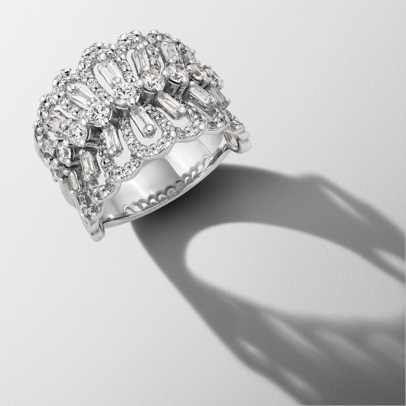 Main Image 1 of 1-1/2 CT. T.W. Baguette and Round Diamond Open Petal Ring in 10K White Gold