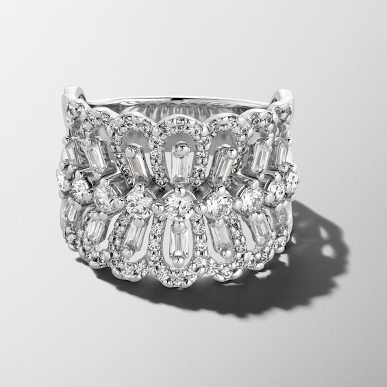 1-1/2 CT. T.w. Baguette and Round Diamond Open Petal Ring in 10K White Gold