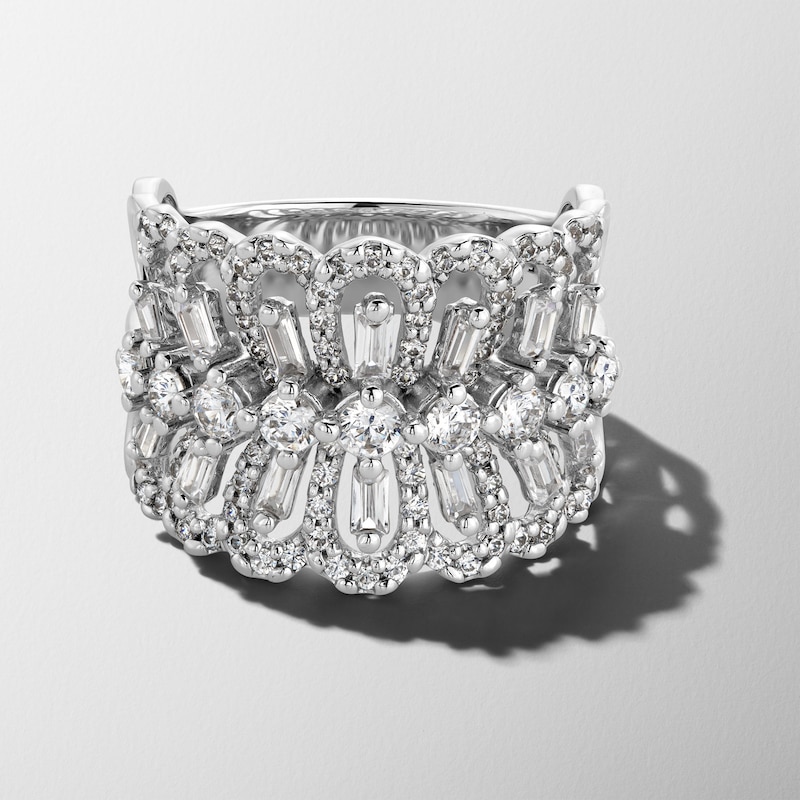 Main Image 3 of 1-1/2 CT. T.W. Baguette and Round Diamond Open Petal Ring in 10K White Gold